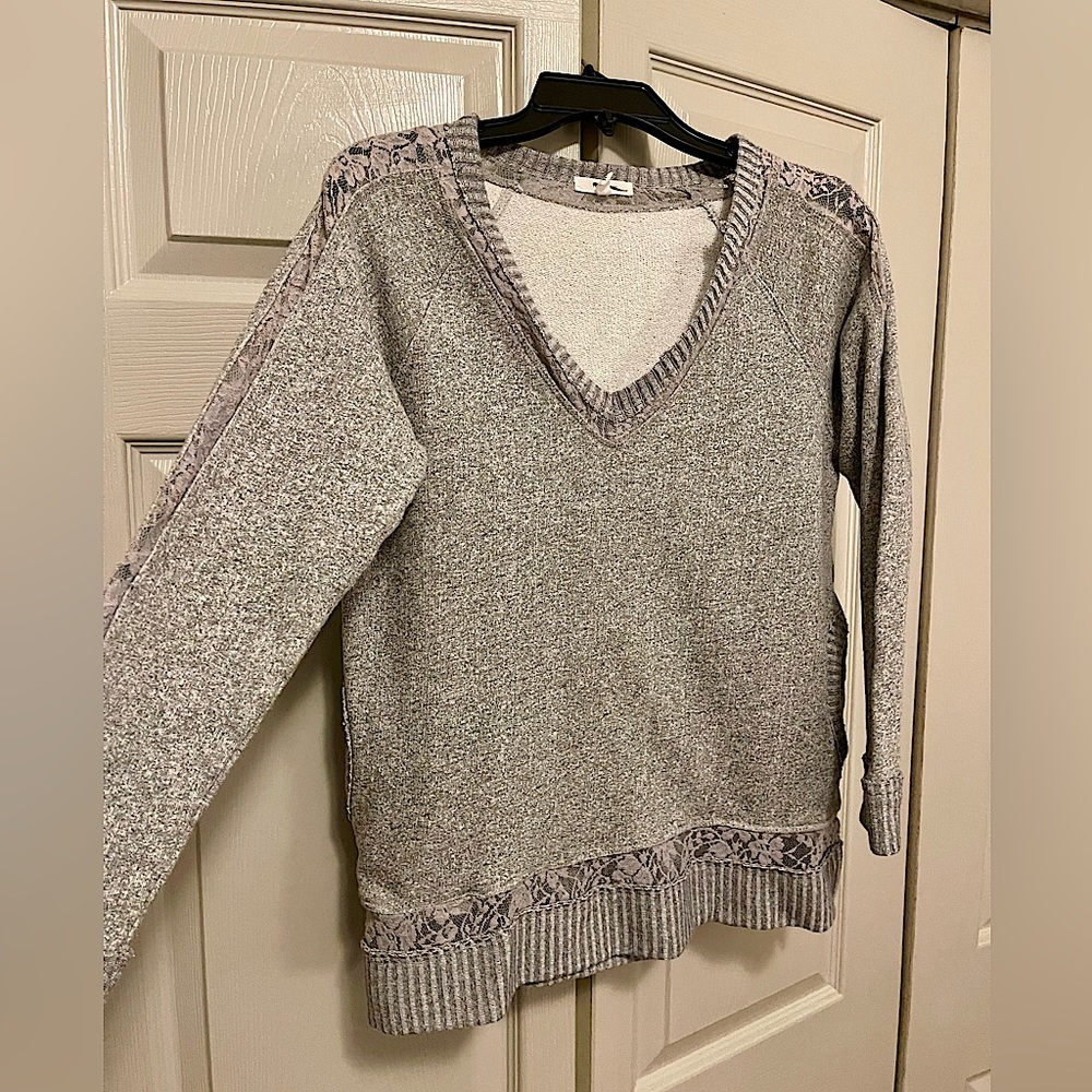 Maurice’s French Terry Grey V-neck Lace Tim Top
